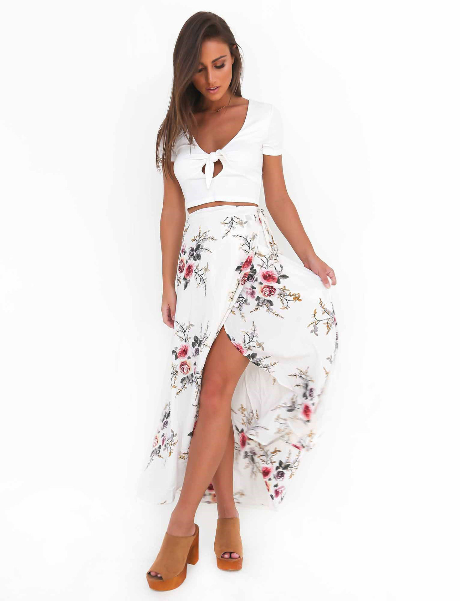 Lady Fashion Side Split Skirt Floral Summer Beach Long Elastic High