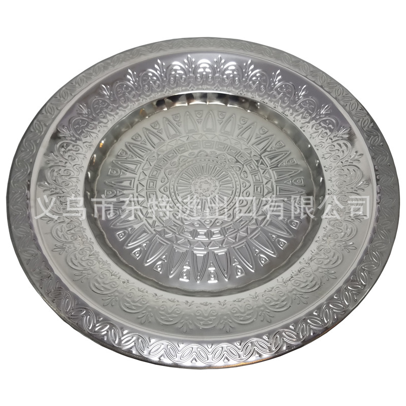 厂家直销不锈钢盘子镀金压花托盘西餐经典花盘圆形蔬菜水果盘详情图10