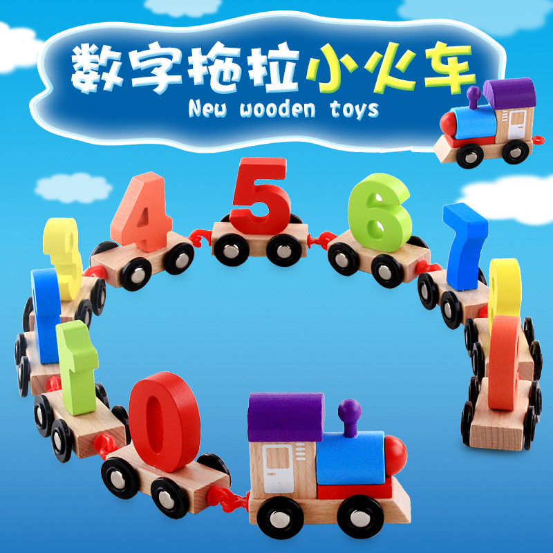 new edition Drag number puddle jumper wooden  number Mosaic Train Infants Puzzle Early education Toys