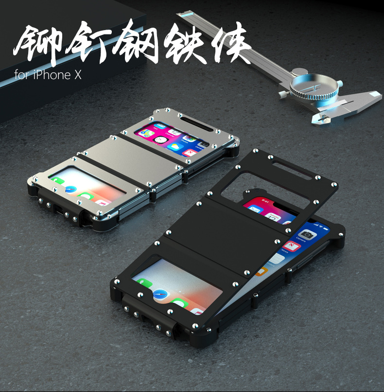 Armor King Iron Man Stainless Steel Dual Window Rivet Leather 360° Flip Case Cover for Apple iPhone X