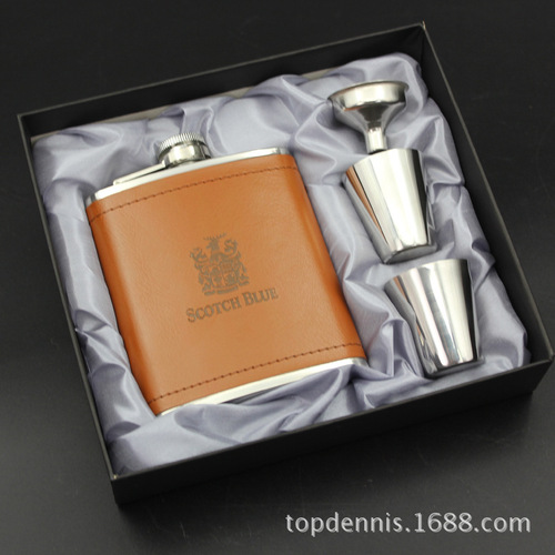 供应户外便携7盎司包皮酒壶稠布套装 不锈钢酒瓶温酒壶酒柜摆件