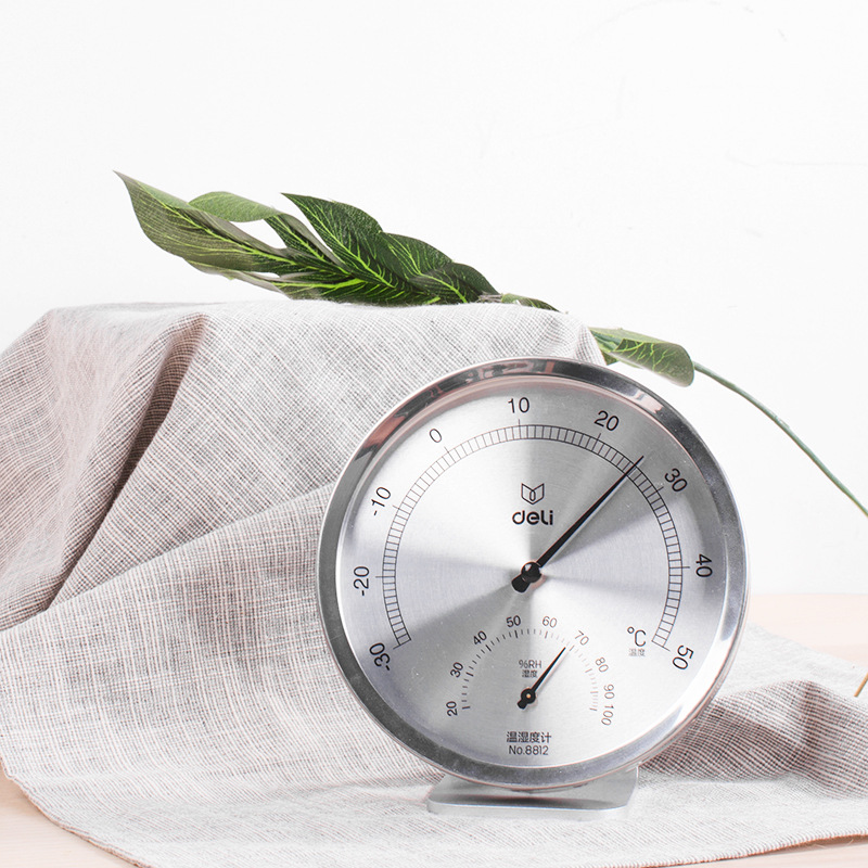 得力8812金属温湿度计高精度室内温度计湿度计可挂可立温湿度计