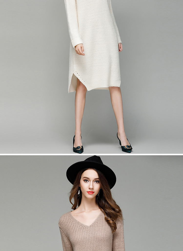 pure color v-neck long knitted dress  NSYH22108