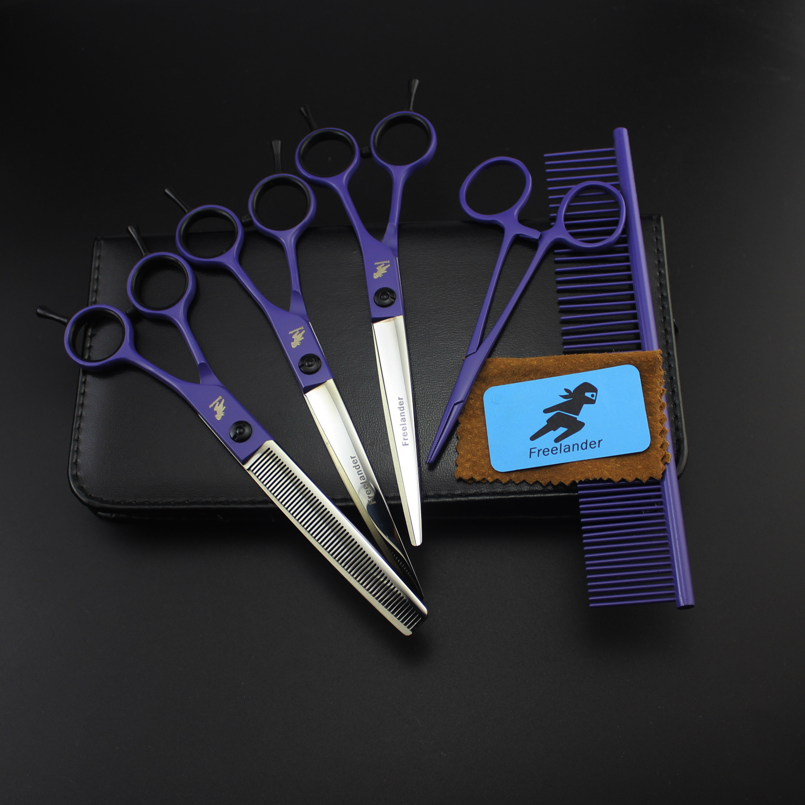 7.0寸 紫罗兰  烤漆 3把装 宠物美容剪刀 直剪弯剪 套装 送排梳