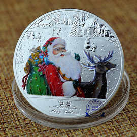 圣诞纪念礼品 国外金属收藏币 烤漆镀银纪念章 彩印金属徽章