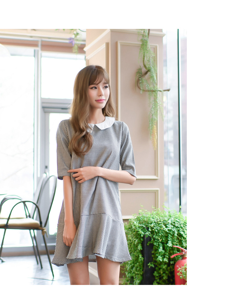DABI 韓系學院風五分袖娃娃領荷葉邊格子短袖洋裝 DABI 韓系學院風五分袖娃娃領荷葉邊格子短袖洋裝