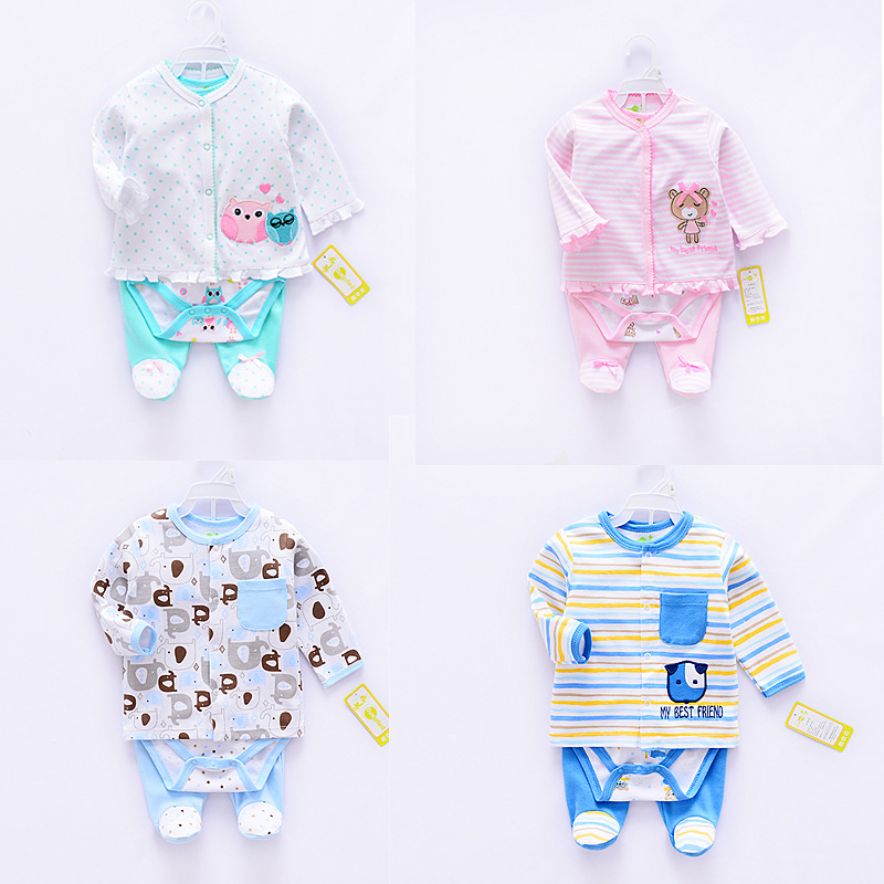 欧美风格婴儿连身衣套装 纯棉卡通三件套婴儿装0-1岁宝宝服装厂家