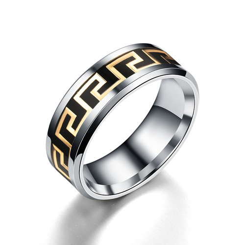 New cross-border European and American micro-glazed Great Wall pattern men's and women's personalized titanium steel rings factory direct sales and wholesale