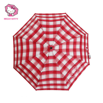 特价HelloKitty凯蒂猫正版经典格子条纹晴雨伞三折伞折叠伞430803|ru