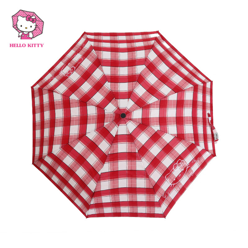 特价HelloKitty凯蒂猫正版经典格子条纹晴雨伞三折伞折叠伞430803|ru