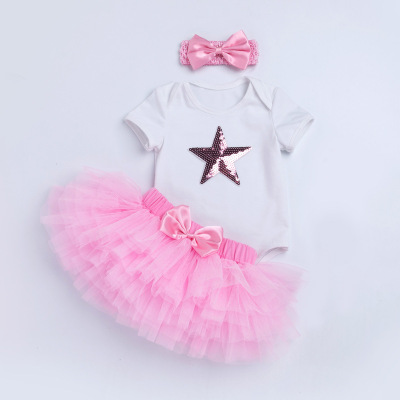 Baby birthday party dresses Festival set cartoon star short sleeve Khaki pink skirt princess skirt set