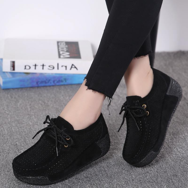 Leather Shoes Lace Up Rocking Shoes Thick Soled Raised Women's Shoes Hollow Leisure Breathable Slope Heel Mother's Shoes Korean Single Shoes