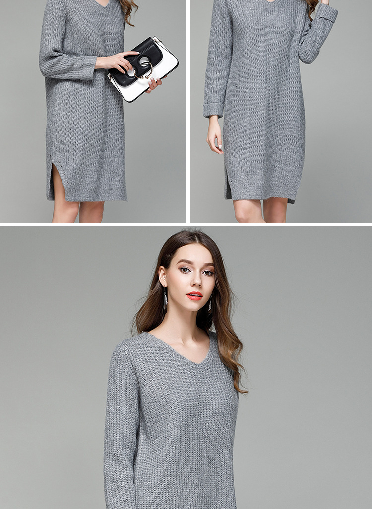 pure color v-neck long knitted dress  NSYH22108