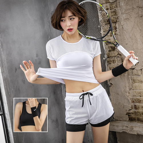 Spring and summer new fashionable hollow short-sleeved yoga clothes for women quick-drying running sports tights fitness clothes three-piece suit