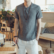 夏季中國風棉麻男裝t恤薄款復古個性印花短袖修身大碼休閑T恤上