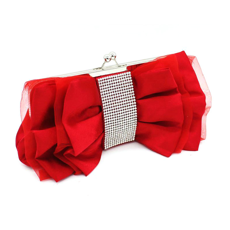Túi clutch dạ tiệc satin nơ xếp ly đính kim cương – kèm dây đeo chéo — Màu đỏ, Màu đen, Màu Sâm panh, Màu bạc chi tiết 3