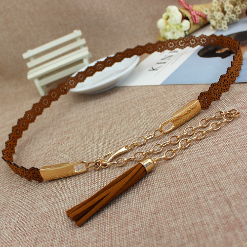 Women's ethnic style tassel metal hook chain waist dress skirt belt women's decorative thin belt embossed one piece drop shipping