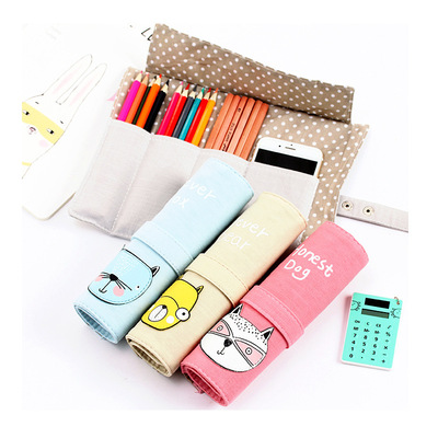 可爱卡通拼接萌宠卷卷笔袋韩国创意大容量文具袋男女学生帆布笔袋