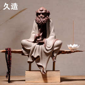 达摩摆件陶瓷禅意佛像摆设中式紫砂风化木搭配木头装饰品