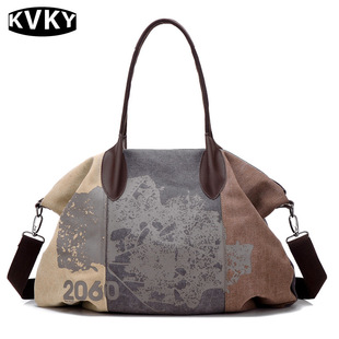 New Vintage Stitching Contrast Women's Canvas Bag Shoulder Fashion Printed Women's Bag Crossbody Handbag