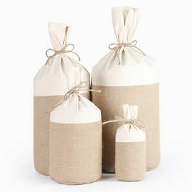 麻布袋拼接帆布收纳麻布袋可印logo圆底抽绳束口袋印花拼接麻布袋