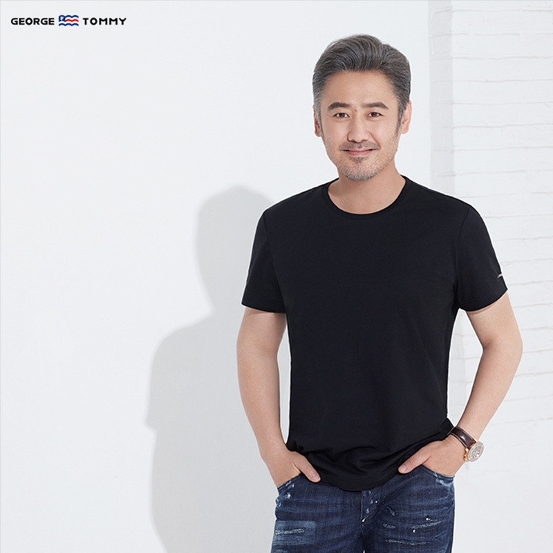 乔治汤米纯棉双丝光短袖男装t恤纯色圆领休闲大码宽松内衣打底衫