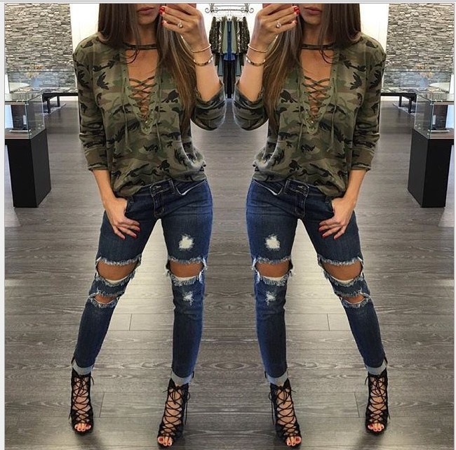 2018eBay速卖通wish 欧美爆款迷彩深V低胸绑带长袖T恤 8色7码现货