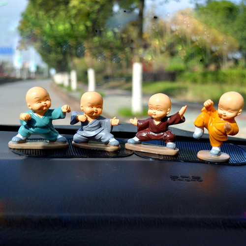Cute Drunken Monk Car Ornament, Resin Kung Fu Miniature Monk Figurine—Perfect for Cars & as a Set of Four Miniature Monk Decorations
