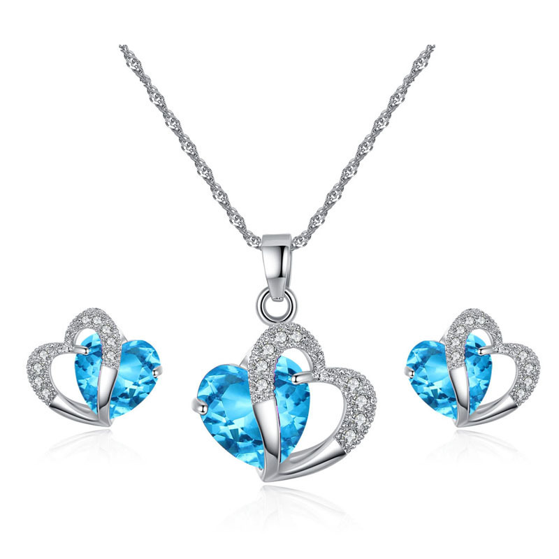 Simple And Stylish Blue Heart Earring Set Zircon Micro Inlaid Double Heart Short Necklace Earring Set Wholesale Nihaojewelry display picture 1