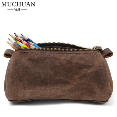 新款油蜡帆布男士手拿包配真皮化妆包复古差旅包洗漱收纳包笔袋|ru