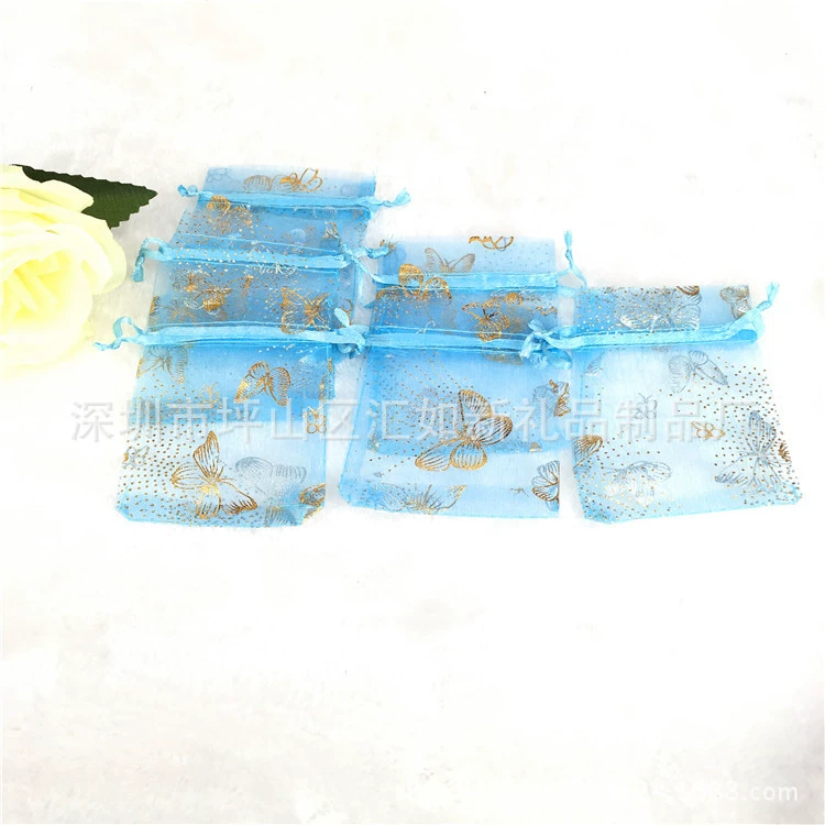 Поставка 7*9 голубая бабочка, горячая серебряная бронзовая сумка из органзы/снежно-марлевая сетчатая сумка на шнурке/упаковочная сумка для аксессуаров