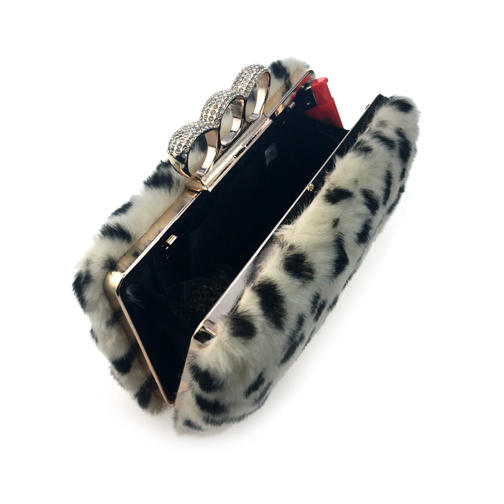 Túi clutch nữ lông giả họa tiết da báo, tay cầm và dây xích, dự tiệc sang trọng — Họa tiết da báo màu mơ, Họa tiết da báo màu camel chi tiết 6