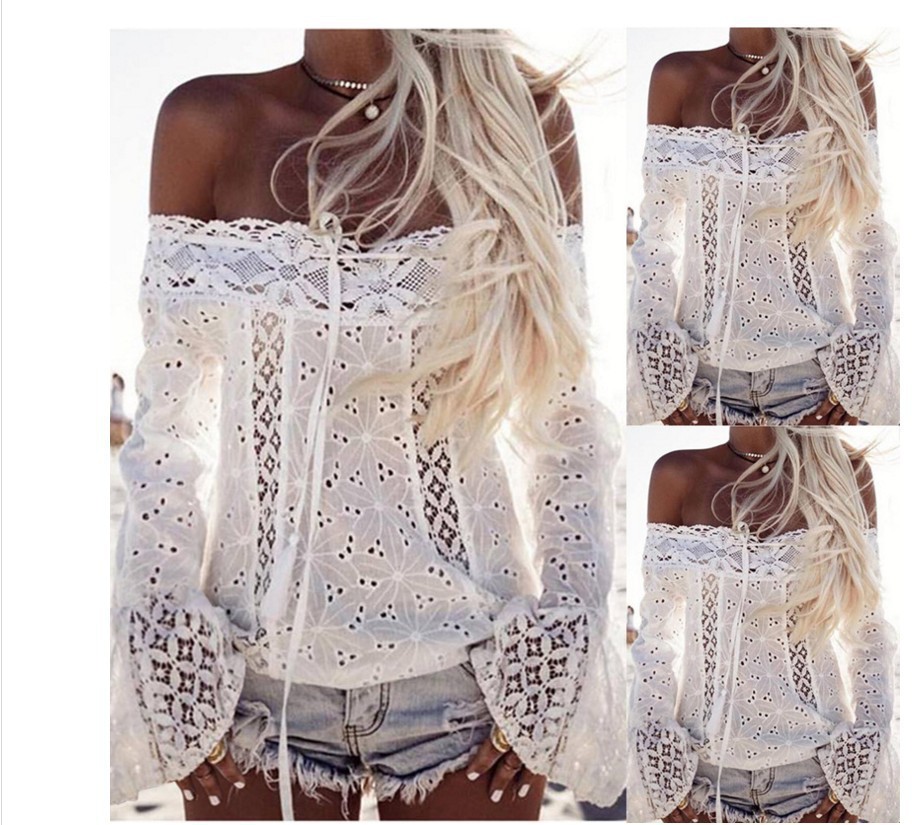 White one-shoulder speeclet sleeves lace top Shooting Sue la la splicing topping spot