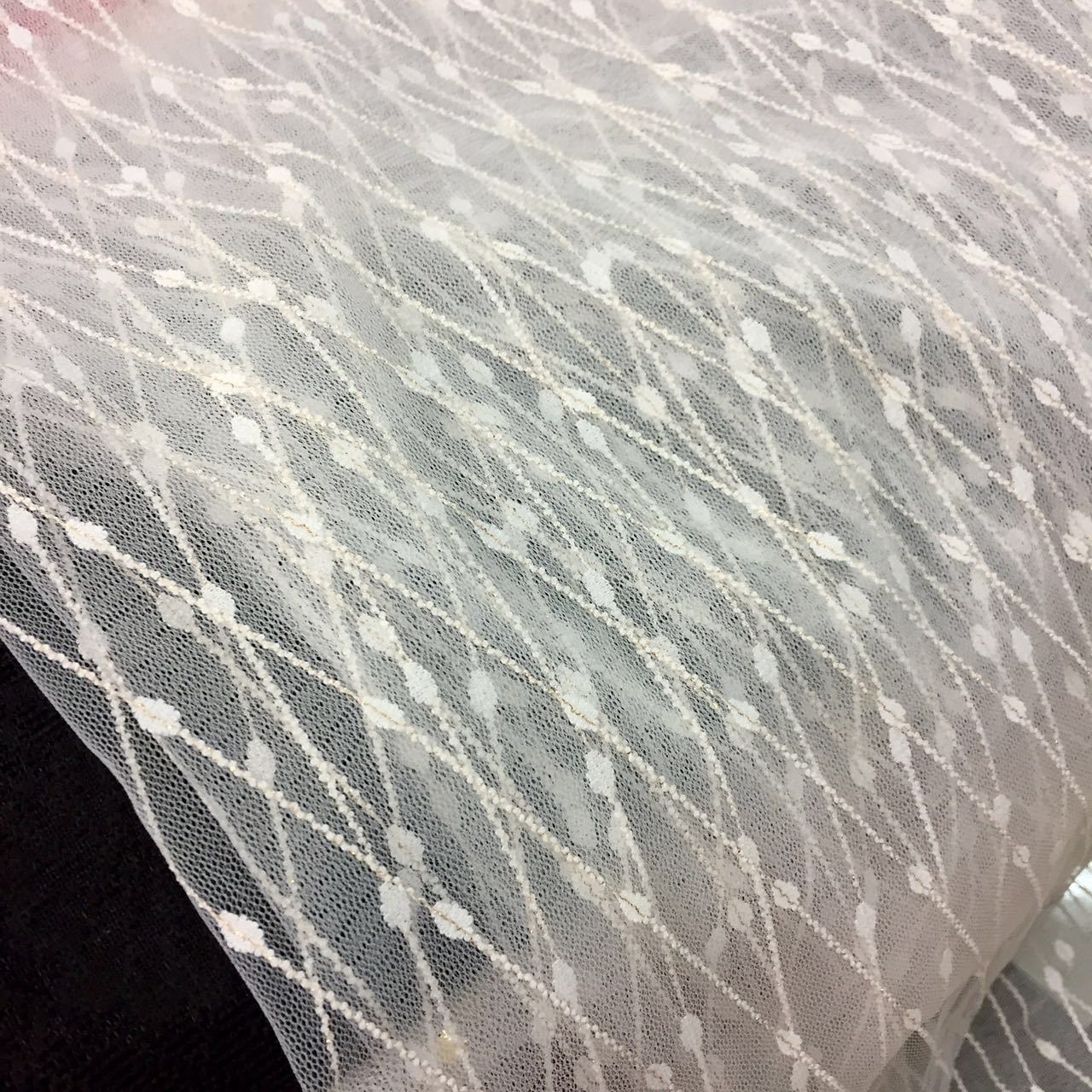 厂家直销~锦纶薄透竖条小圆点串串金丝提花网纱 童装裙子等面料