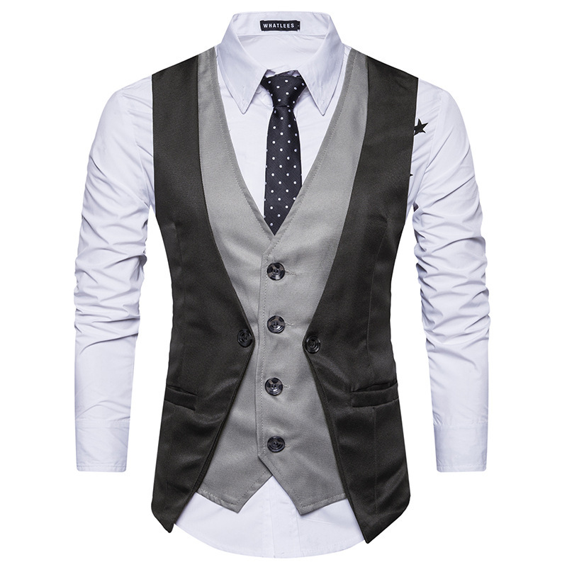 Foreign Trade Men's Spring and Autumn New European Stitching Fake Two-piece Single-breasted Casual Vest Men's Korean-style Slim-fit Vest