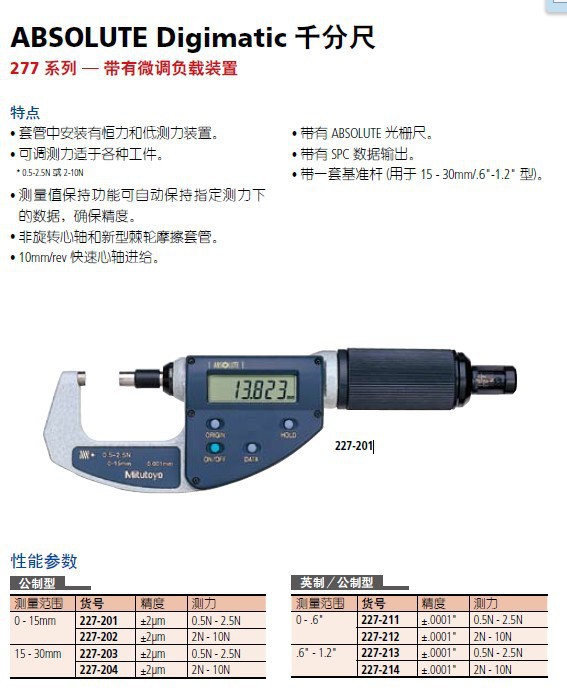 日本MITUTOYO三丰227-201数显外径千分尺 0-15mm
