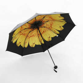 现货供应三折伞新款创意超轻单层小黑伞葵花黑胶遮阳伞防晒