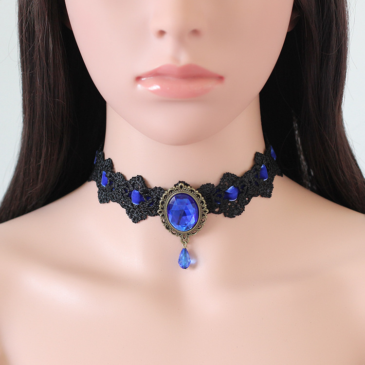 Oval Pattern Women'S Gender Gothic Oval Artificial Diamond Velvet Lace Choker Wholesale