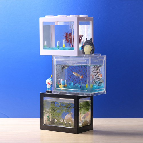 Creative Box Fish Tank with Ecosystem Cube, Building Blocks, Fighting Fish Tank, Algae Balls, Spiders, Ants, Small Mini Reptile Tank, and Sorting Tank