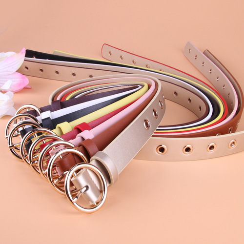 Factory direct sales, personalized punch-free women's PU belt, Korean version versatile round buckle women's eyelet decorative belt