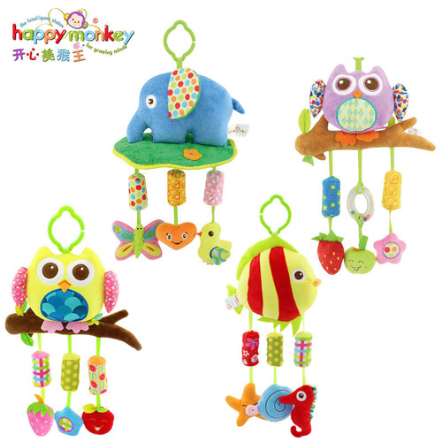 Happy Monkey baby carriage hanging soothing plush toy 0-1 year old baby with ringing paper bed bell wholesale