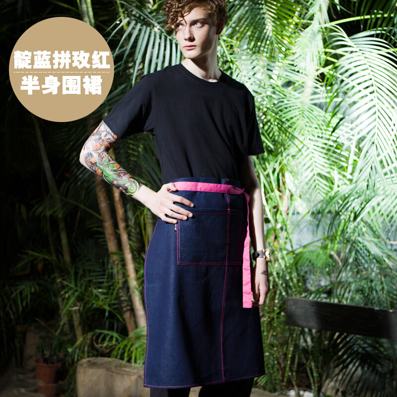 Estilo coreano de mezclilla delantal de trabajo de media longitud Cafetería Restaurante occidental pintura hombre y mujer camarero ropa de trabajo delantal de moda