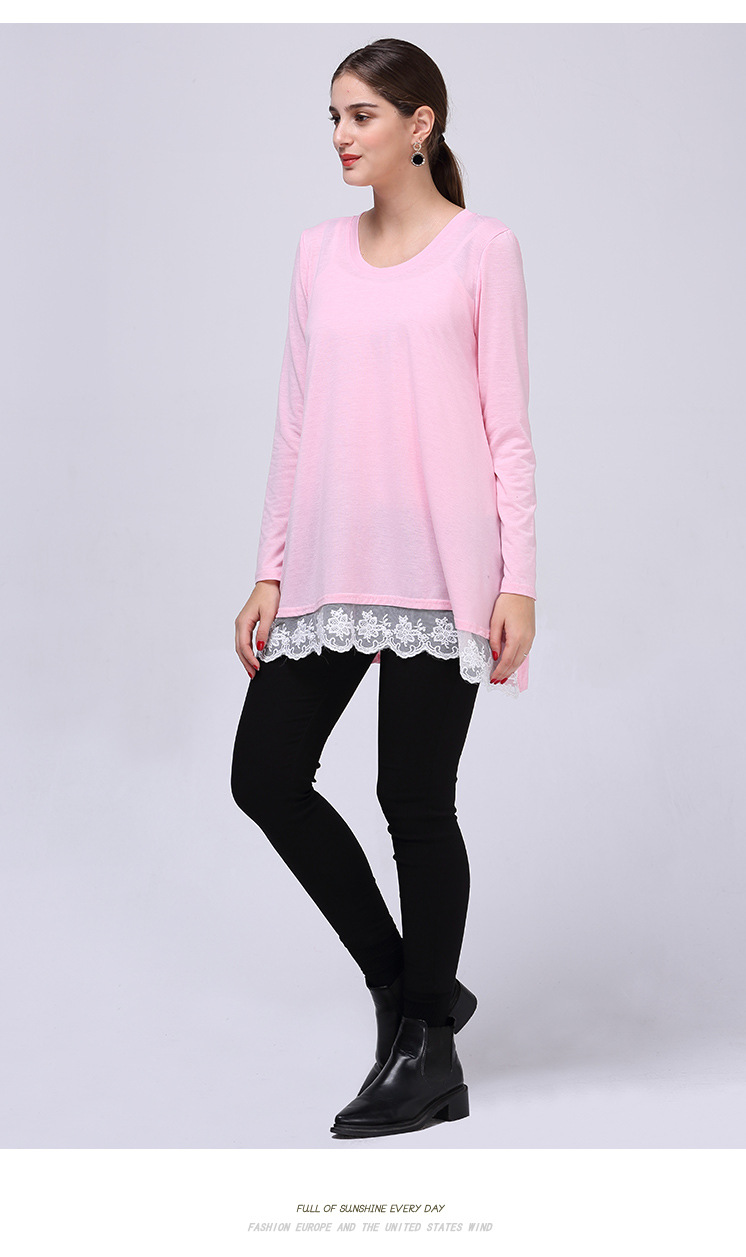 stitching round neck mid-length loose long-sleeved T-shirt  NSJR18178