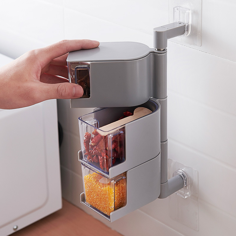 originality Paste Rotatable Seasoning box Sub-grid Cruet Condiment bottles Wall hanging Small wooden spoon 505g