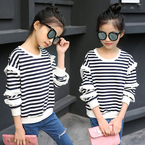 Girls Spring and Autumn 2024 New Round Neck Tops Children's Striped Long Sleeve T-Shirts Korean Style Bottoming Spring Tide for Big Children