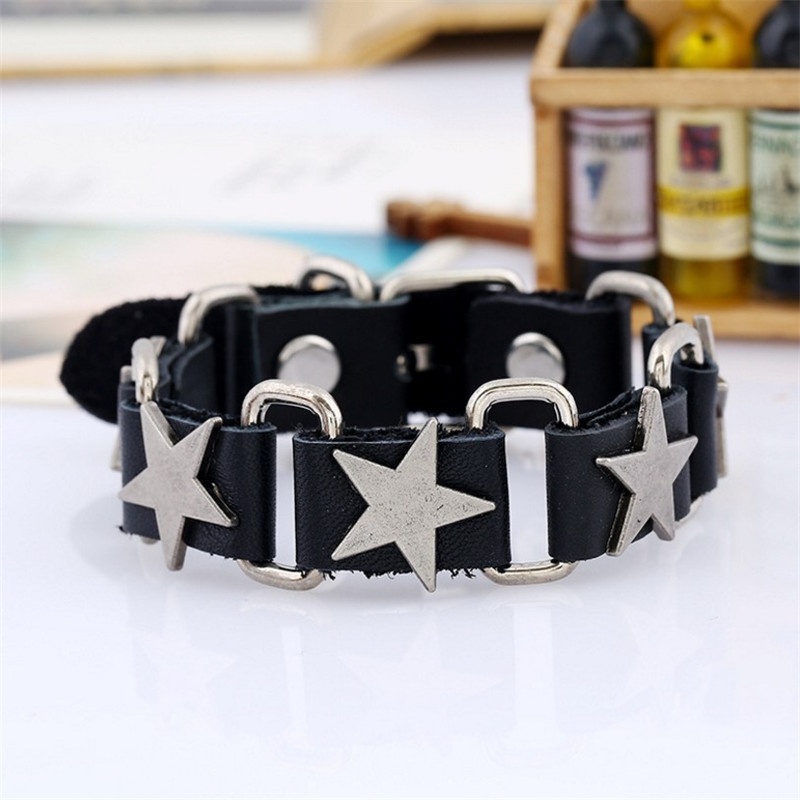 Street Occasion Hip-Hop Pentagram Alloy Leather Iron Men'S Bracelets Men Cord & Leather Bracelets
