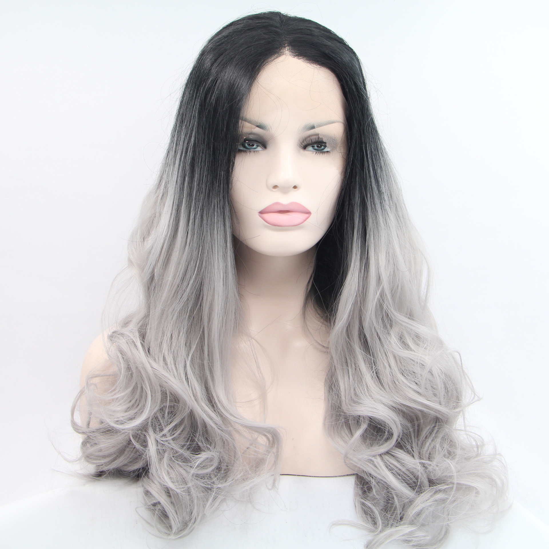 NEWLOOK W1048 Gris moda pelo largo ondulado peluca de encaje peluca de entrenamiento