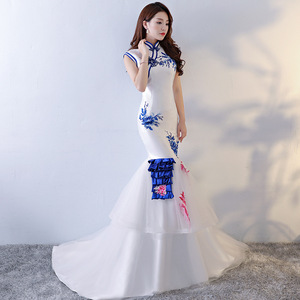 Chinese Dress Qipao Blue and white porcelain fishtail wedding dress long tailed lady cheongsam show long party performance dress