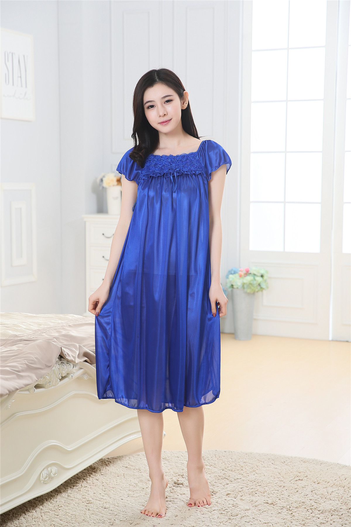 Women Sleepwear Pajamas Long Skirt Silk Comfortable Wear 4 Colour