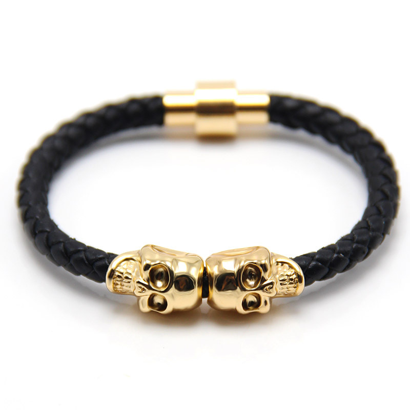 Gold Plated Skull Braided Leather Bracelet for Men